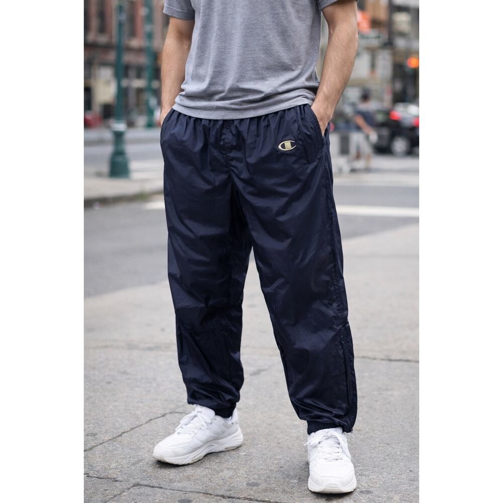 Champion Vintage Mens Navy Blue Windbreaker‎ Nylon Track Pants Joggers Tie Waist